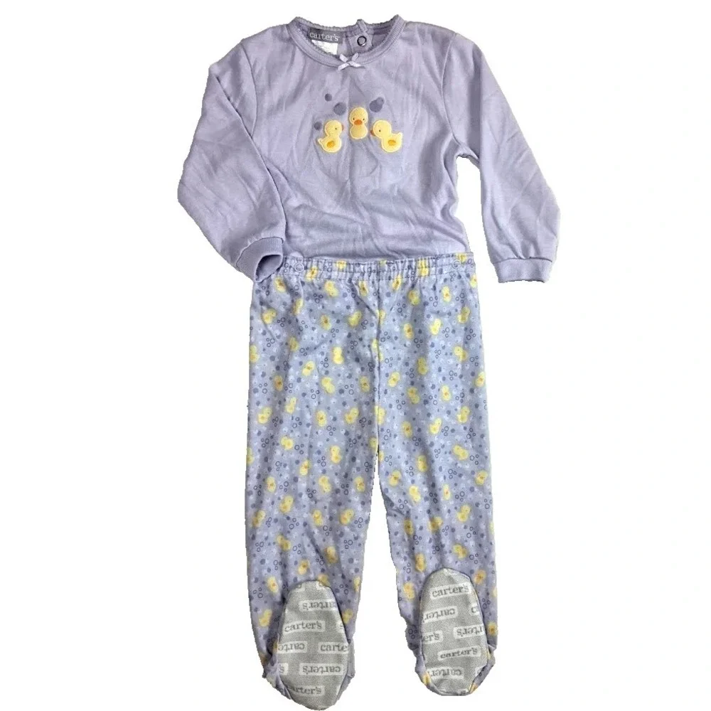 Vtg Carter's Purple 2pc Duck Pajamas Sz 18 Mos Snap Footie Pants Top Bubbles